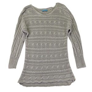 Alice + Olivia Taupe Cable Knit Tunic Sweater Boat Neck Long Sleeve Greige S